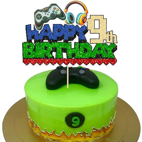Ephlyn 1Pcs Video Game Happy 9th Birthday Cake Topper Glitter Video Game Cake Pick Game On Controllers Nine Cheers to 9 Years Cake Decoration for Happy 9th Birthday Party Supplies