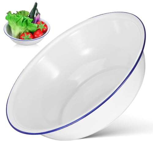 OSALADI Vintage Enamel Basin Large White Kitchen Washing Bowl Multi-Purpose Enamelware Mixing Bowl for Daily Use