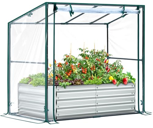 Ohuhu 3 in 1 Hochbeet Metall mit Gewächshaus Frühbeet & PVC Foliengewächshaus, Hochbeet Frühbeet mit Tomatenhaus Kräuterbeet mit Stahlrahmen Blumenkasten für Garten 120×60×30 cm