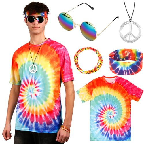 Hippie Kostüm Herren, 5 Stück 60er 70er Jahre Bekleidung Männer Batik Shirt mit Stirnband Peace Zeichen Halskette Sonnenbrille Armband Disco Outfit Hippie Accessoires Karneval Fasching Kostüm