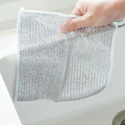 MEKPAM 20 Piezas De Paños De Cocina De Alambre De Metal De 20X20 Cm, Paños De Limpieza, Trapos De Alambre De Acero Engrosados, Estropajos De Alambre De Plata con Aceite Antiadherente