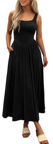 Mieazom Women's Summer Maxi Dress 2026 - Sleeveless Square Neck Casual Beach Sundress with Pockets, Flowy Patchwork Knit Black M