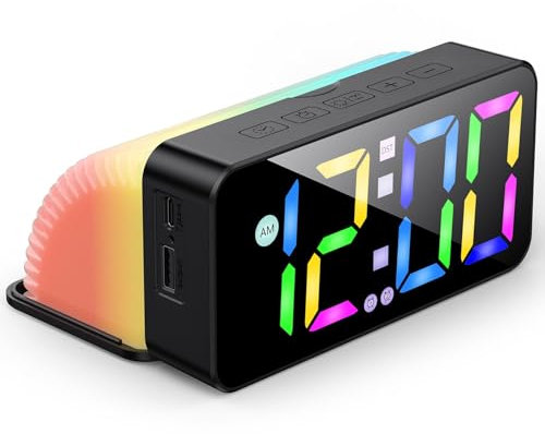 GlasFlength Réveil Numérique, Horloge Numérique LED avec Température Snooze Luminosité Réglable Couleurs RGB Reveil Enfant avec 2 Alarmes 12/24h Commande Vocale Reveil Lumineux pour Filles et Garçons