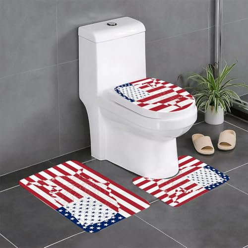 KGDHY Badezimmermatten-Sets 3-Teilig,Dekoration mit amerikanischer Flagge, Flagge in Form eines Kontinents,Bad und WC-Vorleger-Set,rutschfeste Badezimmerteppiche wasserabsorbierende