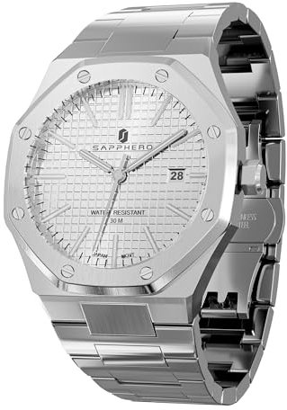 SAPPHERO Uhren Herren Quarzwerk Silber Edelstahl Armband 50M Wasserdicht Datum Kalender Schwarz Blau Herrenuhren Armbanduhr Geschenke für Männer