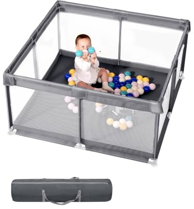 Baby Playpen with – Extra Large Baby Play Yard for Toddlers, Indoor & Outdoor Safe Play Area with Anti-Slip Base, Easy Assembly & Storage, BPA-Free, (130x130x66cm,Gray)