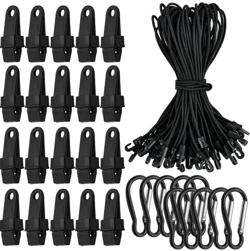 MSIHEY 50 Stück Planenbefestigung Set, mit Haken Tarp Clips Set | 20 Heavy Duty Tarp Clips mit 20 Zelt Bungees Schnüre mit Haken und 10 Karabiner Clips für Camping Zelte Abdeckung, Schwarz