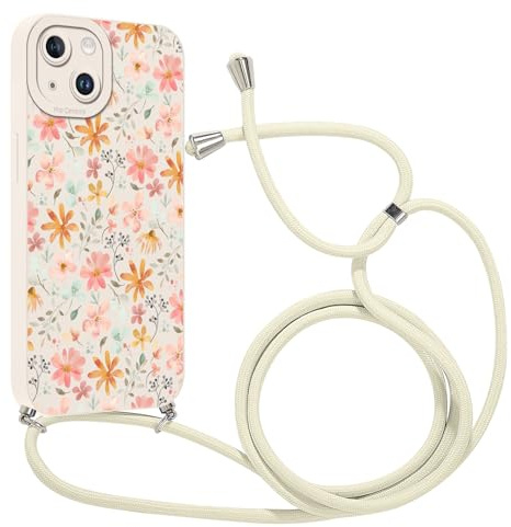 Coalbooliy Coque avec Cordon pour iPhone 14 6,1 avec Motif Blanc Fleur Case, Aesthetic Silicone étui avec Collier Réglable Corde Souple TPU Antichoc Housse de Protection pour Femmes, 06