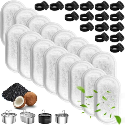 32 Piezas Filtros Fuente Gatos con Filtración Triple, 16 Filtro Carbón Activo & 16 Esponjas Espuma, Accesorios Repuesto Bebedero Gato para 67oz/2L, 108oz/3,2L Bebedor Agua Mascotas Steel Stainless