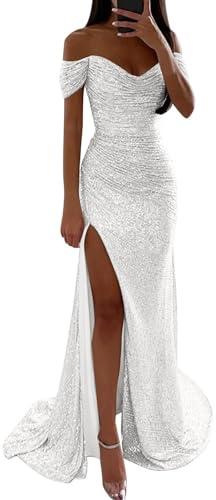Générique Robe Longue Femme Soirée Robe Paillette Femme Fendu Robes Chic et Elegant Cocktail Épaules Dénudées Col en V Sexy Slim Tendance Classiques Moulant Tempérament pour Party Banquet