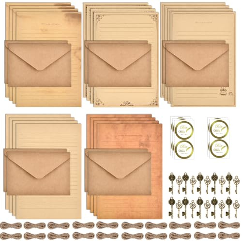 Vintage Briefpapier mit Umschlag Set 60stk, 20 A5 Briefpapier Vintage Papier, 10 Kraftpapier Briefumschläge, 10 Hanfseile, 10 Retro Schlüsseln, 10 Aufkleber, Kraftpapier Umschläge für Brief Einladung