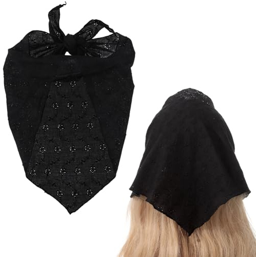 CREATCABIN Triangle Hair Scarf Head Bandanas Black Polyester Floral Eyelet Kerchief Headband Tie-Back Head Coverings Headscarf for Beach Travel Camping Festivals Party Hair Accessories 33x13 Inch