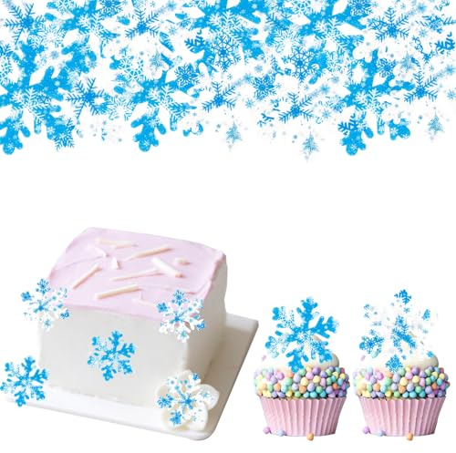 ENLACE 50 Essbare Schneeflocken Tortendeko Weihnachten,Frozen Tortendeko | Blau und Weiß Schneeflocken Cupcake Topper Essbar, Esspapier Snowflake Deko Torte 5,2cm, Frozen Kuchen Deko Geburtstag
