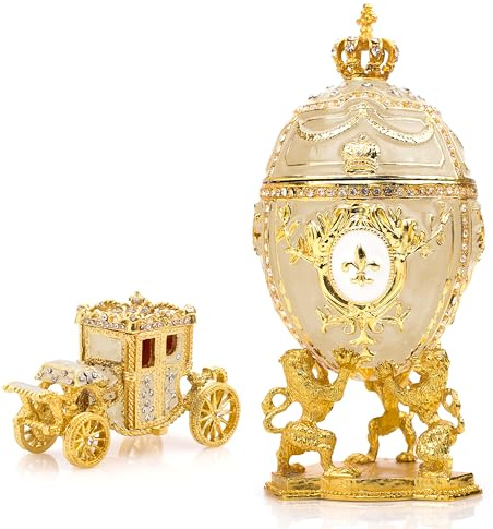 Vtry Russian Style Decorative Easter Egg 6.6 Extra Large Beige | Decorative Easter Egg & Carriage Trinket Box Set, Hand Painted Jewelry Organizer, Vintage Russian Style Home Decor Gift
