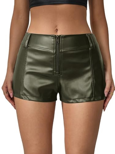 Floerns Women's Y2k Mini Shorts Zip Up Low Waist PU Leather Music Festival Hot Pants Olive Green Tall-XS