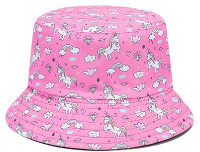 QKURT Kids Sun Hat, Children Sun Protection Bucket Hat Reversible Beach Cap Fishing Hats Summer Fisherman Hats with Unicorn for Outdoor Play for Girls 2-6 Years Old Dark Pink