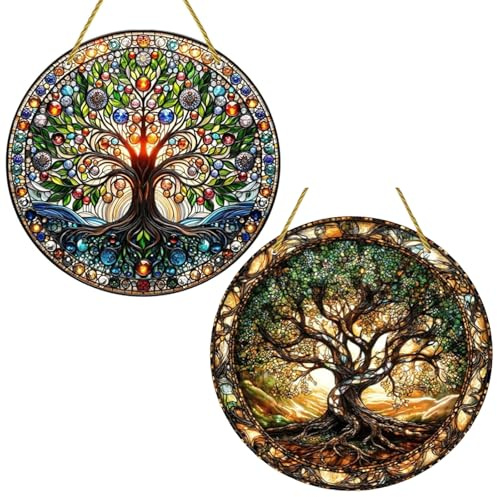 2 Stück Acryl Fensterdeko Hängend, Lebensbaum Sonnenfänger Fenster, Baum des Lebens Deko, Fensterschmuck Hängend Ganzjährig, Deko Fenster Modern, für Wohnzimmer Garten Fensterscheibe Terrasse Wanddeko