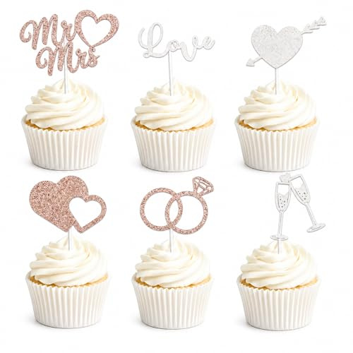 Gleevio 24 Stück Cupcake Topper Mr & Mrs Deko Hochzeitstorte, Glitzer Tortendeko Hochzeit Roségold Silber, Mr Mrs Muffin Deko, Herz Cupcake Topper Hochzeit Kuchendeko für Verlobung, Antrag, Jubiläum