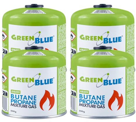 Green Blue GB499 Gaskartusche 500 g EN417, Gewinde 7/16, Propan-Butan, Gas-Stop-System, für Campingkocher, Camping- und Trekkingbrenner sowie Wohnmobile, Einsatzbereich -10 °C bis +40 °C (4, Grün)