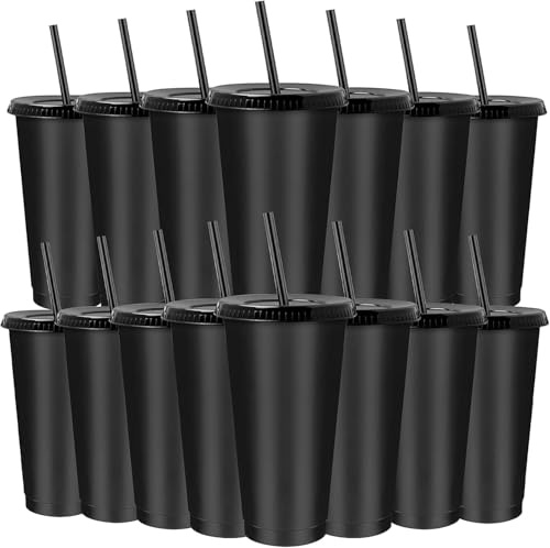 WEIWUXIAN 15 stycken 710 ml (24 Floz) plastmuggar med lock och sugrör, plastmuggar återanvändbara dryckesbägare, glitter iced kaffemuggar för smoothies, kaffe, fest, resor, svart