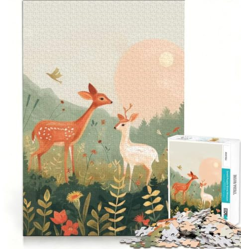 Puzzle da 1000 pezzi per adulti con due cervi in un prato fiorito gioco educativo sfida impegnativa per rafforzare l'amore tra le coppie 38x26cm