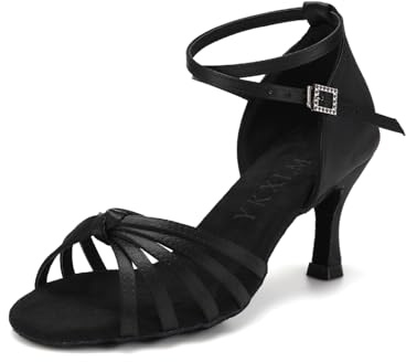 YKXLM Zapatos de Baile Latino Mujer de satén Tango Salsa Chacha Profesional Performance Zapatos de Baile,7.5CM,Negro,EU 37.5