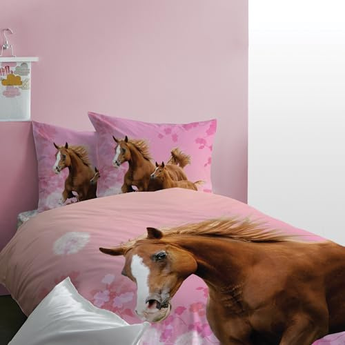 Pferd Bettwäsche Set 2-teilig 135x200 80x80 cm – Mädchenbettwäsche aus 100% Baumwolle mit Wendemotiv & Reißverschluss – Hautfreundlich & atmungsaktiv – Trocknergeeignet – Öko-TEX Zertifiziert