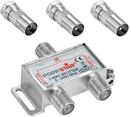 Poppstar Sat-Verteiler Antennenverteiler Splitter Umschalter 2-Fach inkl. IEC Stecker (analog/digital/BK/unicable/HD/4K tauglich) für TV,Antenne,Satellit,Kabel,Fernseher,Radio,LNB