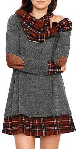 Ancapelion Damen Langarm Minikleid Kariertes Kleid Rollkragen Strickkleid A-Linie Sweater Herbstkleid Lose Kleider Pullover Kleid für Winter Herbst, Grau, S