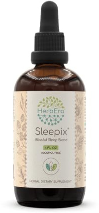 HerbEra Sleepix B120 Alcohol-Free Extract Tincture, Concentrated Liquid Drops: Valerian Root, Wild Lettuce Herb, Blue Vervain Herb, Hops Flower, Passionflower Herb, St. John's Wort Herb. 4 Oz