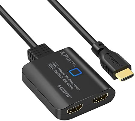 HDMI Switch 4K 60Hz con cavo HDMI fisso da 60 cm, PORTTA bidirezionale HDMI Splitter 1 in 2 Out, HDMI Switch 2 in 1 Out, HDMI 2.0 Switcher Support HDCP 2.2 HDR10 3D per Xbox PS4 HDTV Monitor