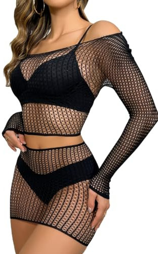 Buitifo Damen Dessous-Sets Sexy Lingerie Fischnetz Sexy Bodys Nachtwäsche(Schwarz 0019,Einheitsgröße)
