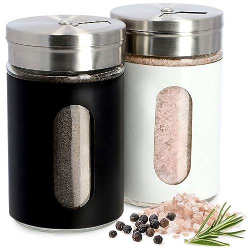 KADAX Salz- und Pfefferstreuer Set, Salzstreuer für Küche, Grillen im Freien, Streuer aus Glas und Edelstahl, Salzstreuer mid Deckel, Gewürzstreuer, Gewürzgläser, Wohnmobil Nachzufüllen (Weiß/Schwarz)