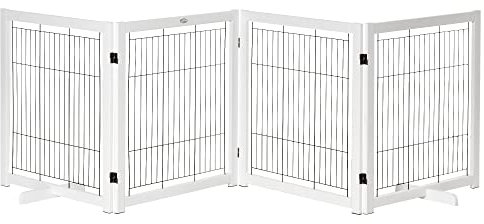 PawHut Absperrgitter Hund Freistehendes Schutzgitter mit Füßen 305 x 82 cm Holz Hundegitter Klappbar Treppenschutzgitter Hundeabsperrgitter für Treppen, Türen, Flur, 4 Paneelen, Weiß
