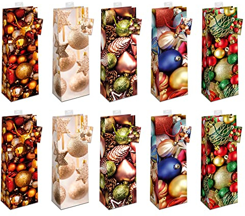 Geschenktüten Flaschen Weihnachten | Stabiler Boden, Randverstärkung | FSC®-zertifizierter Karton (150 g/m²) | Griff & Beschriftungskarte | Flaschentüten Weihnachten (12×39×10 cm), 10 Stück