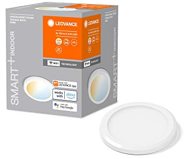 LEDVANCE Luz de bajo mueble SMART+ WiFi, redonda, blanca, 6,5W, 375lm, 83mm, luz blanco dinámico, regulable, larga duración, fácil montaje, controlable por app, 3000K-6500K, para cocinas, estanterías