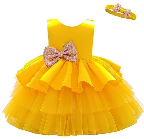 Lito Angels Baby blomma flicka brudtärna klänningar bröllopsfest outfit fin balklänning tillfälle klänning med pannband, gUL, 9-12 månader