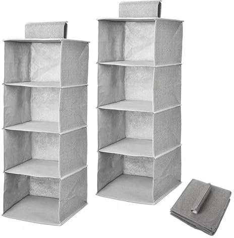 WOPPLXY 2 Stück Faltbar Schrank Organizer, 4 Fächer Hängesystem Kleiderschrank, Grau Vliesstoffe Hängeregal für Kleiderschränke und Regal