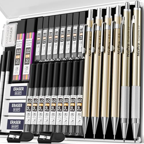 Nicpro 34 portaminas de arte, lápiz de dibujo de metal de 0,3 mm, 0,5 mm, 0,7 mm y 0,9 mm y 2 portaminas de 2 mm (6B, 4B, 2B, HB, 2H, 4H, colores) para dibujar bocetos,19 tubos de minas