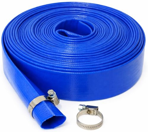 Equip247uk Blue Layflat Water Discharge Hose Pipe Pump Irrigation - 32mm (1.25) with 2 Hose Clips (10m,Blue)