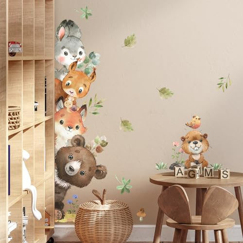 Tanlaby Dschungel Tier Wandaufkleber Waldtiere Kaninchen Eichhörnchen Fuchs | Bär Selbstklebende Abnehmbare Wandkunst Aufkleber für Kinderzimmer Kinder Spielzimmer Wanddekoration