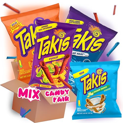 Takis Chips Gran paquete de ahorro – Takis Blue Heat 110 g, Takis Fuego 100 g, Takis Queso Volcano 90 g, Takis Guacamole 92 g, ¡perfecto para probar y regalar!