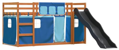 vidaXL Etagenbett, Kinderbett Spielbett mit Rutsche Gardinen, Hochbett Bett für Kinder, Stockbett Bettgestell mit Lattenrost Rausfallschutz, Blau 90x200cm