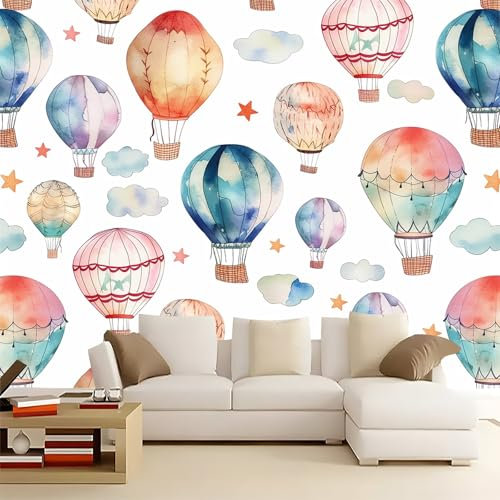 Vliestapete 250 x 175 cm, Bunt Wanddekorationstapete Aquarell Heißluftballon Bedruckte Tapete Wohnzimmer Tapetenwandbild Wandtapete mit Villa-Dekoration