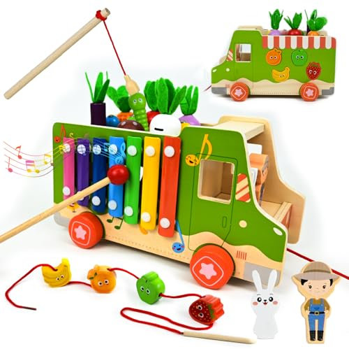 Ulikey Jouet Bebe Montessori 1 An Fille, 8 en 1 Jouet Enfant Montessori Educatif, Jeux en Bois Educatif Enfant avec Jeu de Pêche, Xylophone Bebe, Horloge Jeu, Jouet Noël Anniversaire pour Fille Garcon