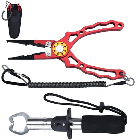 TMZDCJK 4-Piece Set Corrosion Saltwater Resistant Fishing Tools,Multi-Function Aluminum Fishing Plier with Innovative Ergonomical Handle,Fishing Gifts for Men(Red)