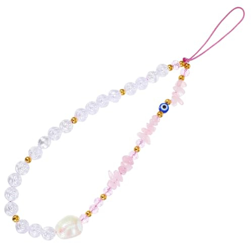 AOZUO Evil Eye Phone Charm, Flower Beaded Cell Phone Chain Strap White Pink Wrist Strap Evil EyeCell Phone Lanyard Cute Keychain for Women