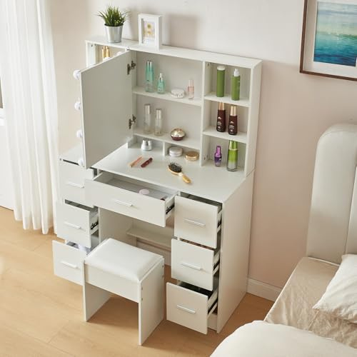 LIANWANG Schminktisch mit 1 Hocker, Frisiertisch mit Spiegel und LED Beleuchtung für Make up, Kosmetiktisch mit 3 Farbtemperaturen und Einstellbarer Helligkeit, 7 Schubladen, 40x100x140cm