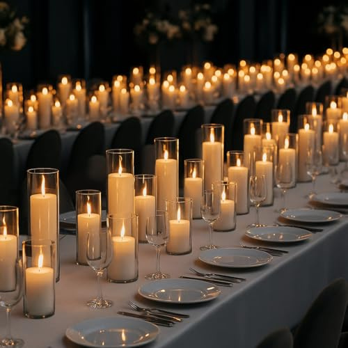 Set of 24 White Pillar Candles with Clear Glass Hurricane Holders- Elegant Cylinder Candle Vases for Weddings, Parties, Centerpieces, Home & Office Decor (White, 24 Set)