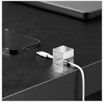 Metal Cable Holder, Weighted Cord Organiser or Management, Heavy Wire Keeper for Bedside Table, Desk, Nightstand - N2U Cube Cables Strap for Lightning, USB-C Phone Charger Cords (Silver - 1 PCS)